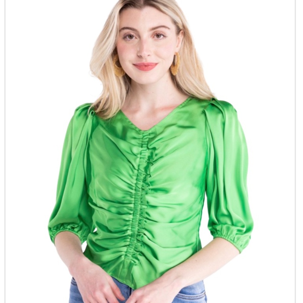 Alden Adair Cat Top Lime Green Ruched Satin Blouse